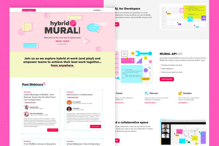 Layered images of two websites – hybrid@mural landing page and mural for developers landing page, featuring hand-drawn accents and playful geometric illustrations