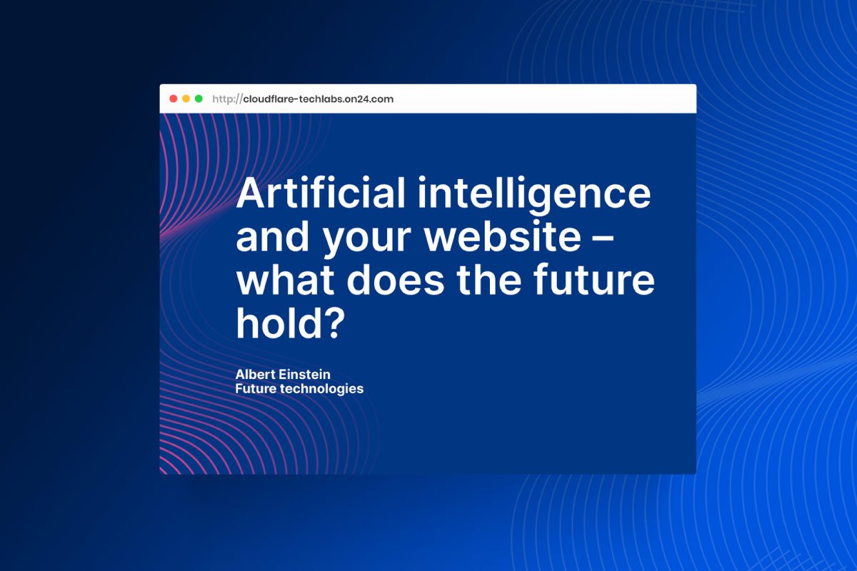 Browser mockup on a blue gradient background, showing the title slide from a webinar that says "Artificial intelligence and your website - what does the future hold" with pink wavy lines