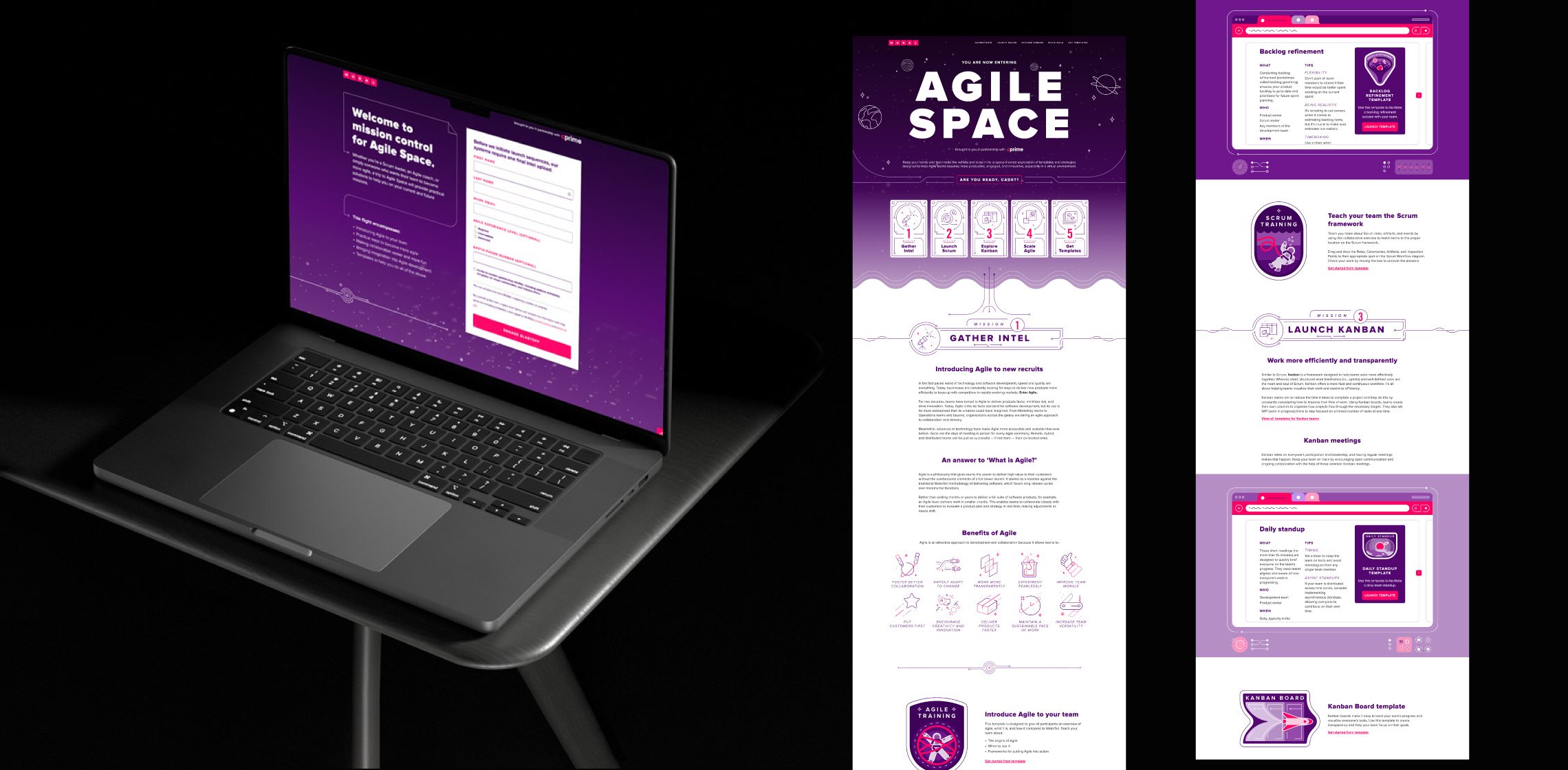 2 images side by side on black: at right, a gated landing page with a form and purple background on a laptop; at right, screenshots from a space-themed website detailing agile methodologies and practices with space imagery