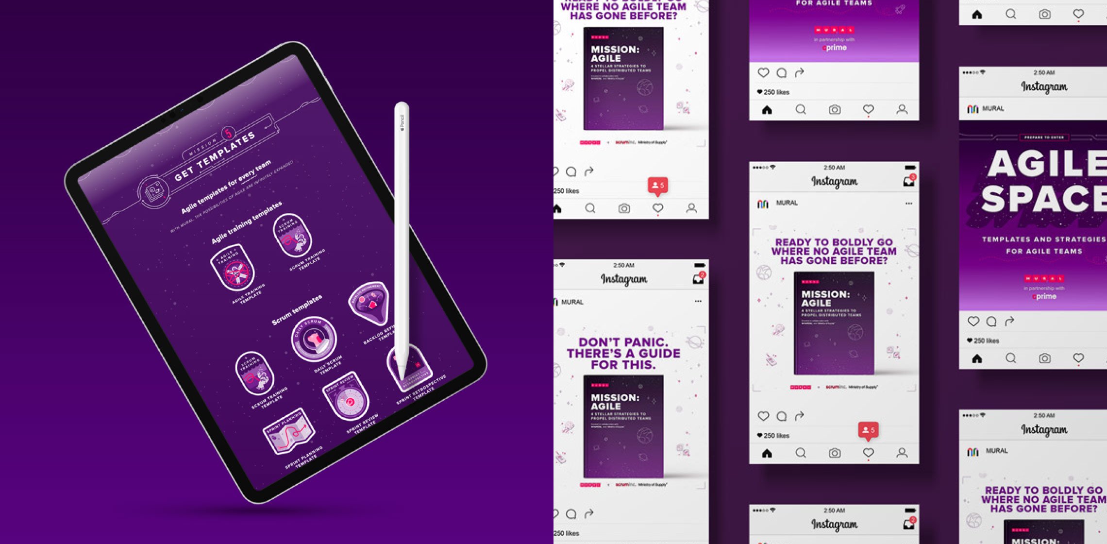 2 images side by side on dark purple backgrounds; at left, screenshot of a collection of 'badges' describing various agile methods in space metaphors; at right, instagram mockups of 3 social media graphics.