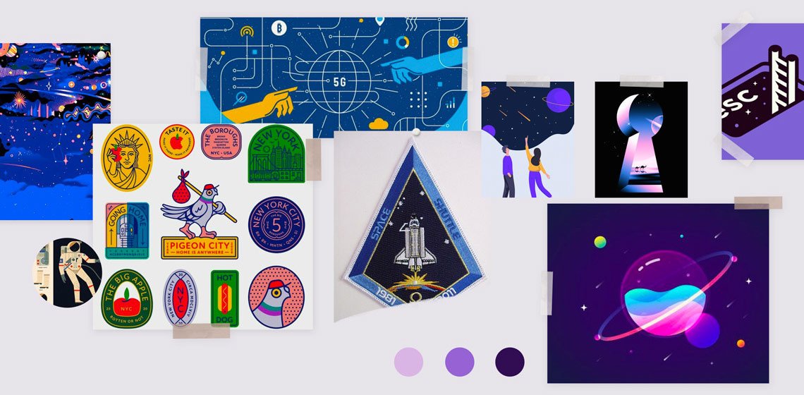 A moodboard including inspiration images of space, badge styles, illustration styles and color exploration