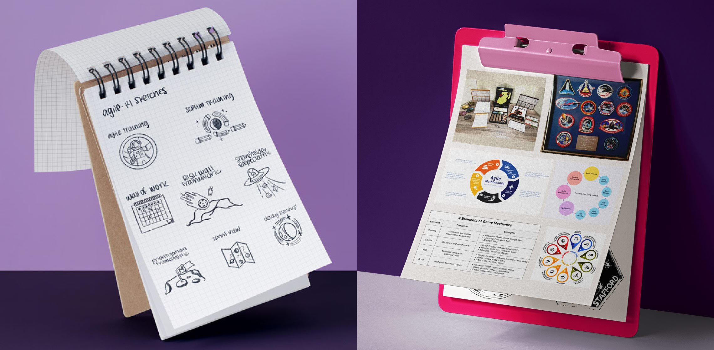 Side by side images on purple backgrounds: at left, an open sketchbook showing sketches of space + agile process-themed badges; at right, images describing game theory, agile methods, and vintage mission badges
