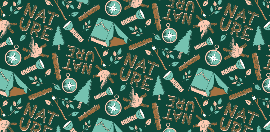 A seamless repeating pattern with a camping theme: on a turquoise background, the word "nature" in letters that look like wood, along with logs, leaves, campfires, flashlights, compasses, trees, and tents are repeated in light turquoise and peach with dark turquoise shading.