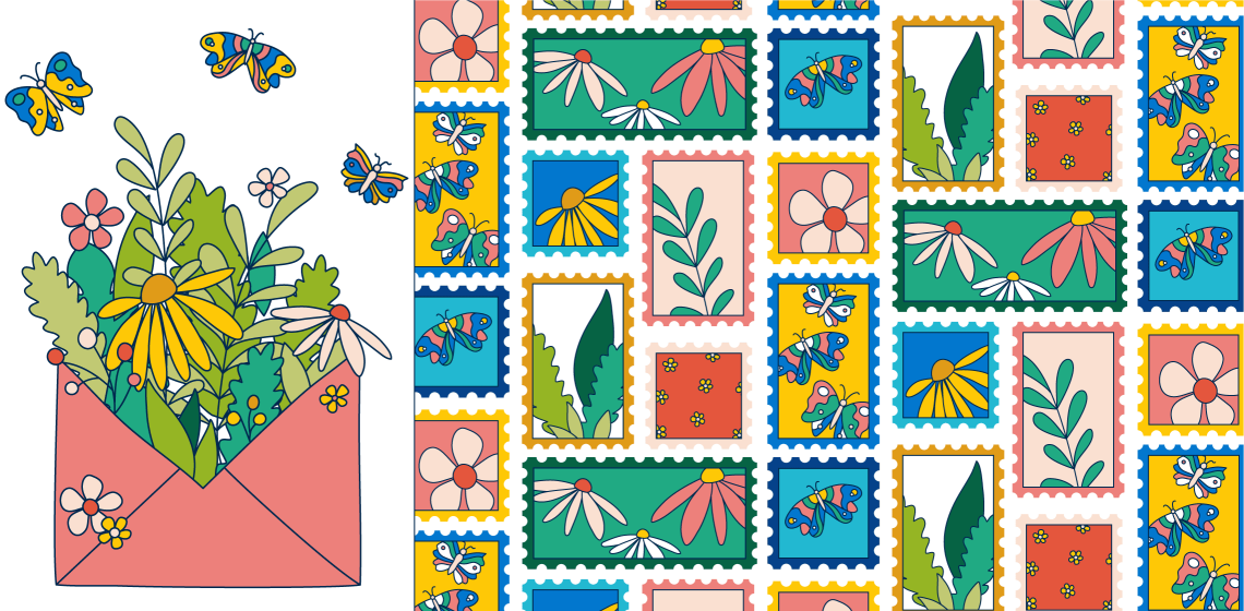 At left, "hero" illustration of a coral envelope with pink and yellow dasies and greenery and tiny plants spilling out. 3 butterflies in blue/yellow/pink/green fly above At right: a pattern of stamps using elements from the hero pattern in the same color palette.