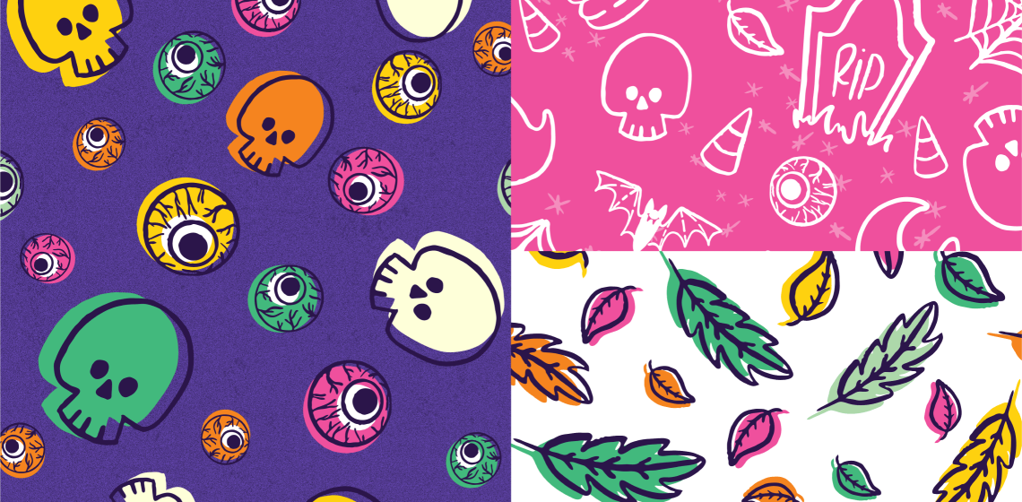 3 Halloween patterns. Left: purple noisy background with skulls and eyeballs in a faux offset style pattern, dark purple outlines overlaid and offset over green, orange, pink yellow and offwhite skulls and eyeballs. At right (top) - pink background with light stars and skulls, bats, candycorn, moons, ghosts and gravestones in white At right (bottom) falling leaves in green, orange, pink and yellow with an offset dark purple outline