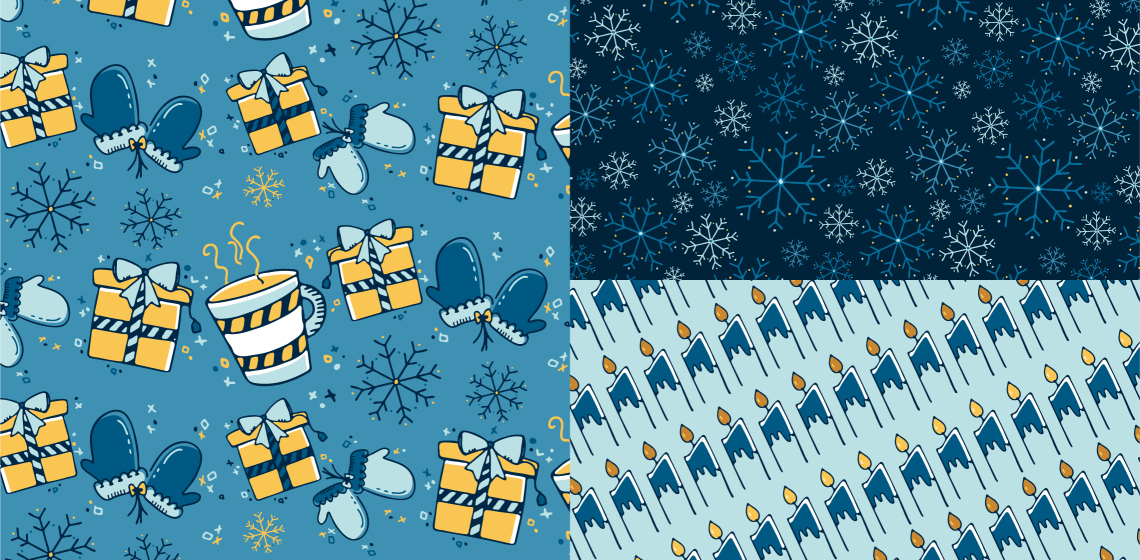 3 Hanukkah patterns in a light, dark blue, yellow and white colorway. At left, a pseudo-stripe pattern of mugs, presents, and mittens with snowflakes interspersed as a hero pattern. At right (top): random repeat of snowflakes in varying shades and sizes At right (bottom) outlined candles at an angle, with dark blue and white wax drips and gold flames on a light blue background