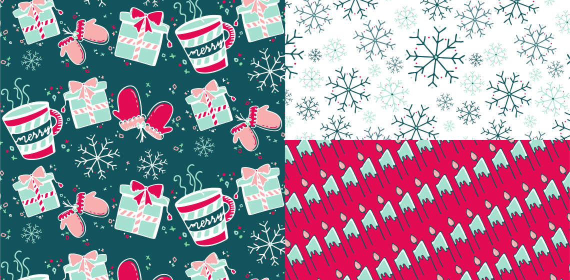 3 Christmas patterns in a teal, dark turquoise, magenta and light pink and white colorway. At left, a pseudo-stripe pattern of mugs, presents, and mittens with snowflakes interspersed as a hero pattern. At right (top): random repeat of snowflakes in varying shades and sizes At right (bottom) outlined candles at an angle, with teal and white wax drips and pink flames on a magenta background