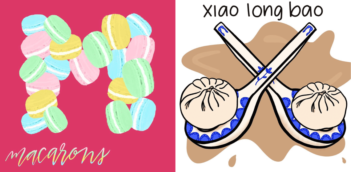 L: the letter M made of illustrated macarons in pastel pink, blue, yellow, green on a magenta background with the word 'macarons' in script below R: 2 soup spoons with blue accents criss crossed into the shape of an x, with soup dumplings in each spoon and the words 'xiao long bao' at the top