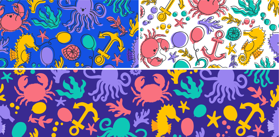 3 variants of the "Ocean Party" pattern. Top left: blue background with yellow, coral, purple and teal sea creatures, anchors and balloons with an offset black outline. Top right: same pattern as top left but with a white background. Bottom: Same pattern but on a dark purple background and no outline or details