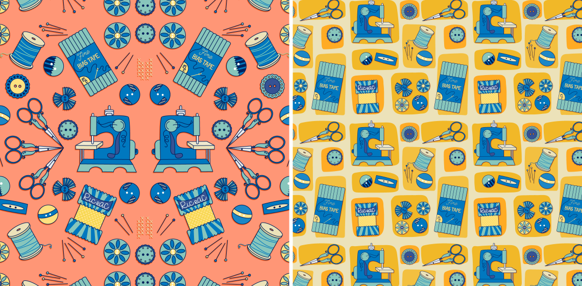 L: seamless symmetrical style pattern of retro sewing notions in blues and yellow on a peach background. Motifs of stitches, pins, buttons, scissors, thread, ricrac, bias tape surround vintage style sewing machines. R: Motifs of pins, buttons, scissors, thread, ricrac, bias tape and vintage sewing machines in blues and yellows in a gridded pattern of yellow organic shapes on a lighter yellow background.