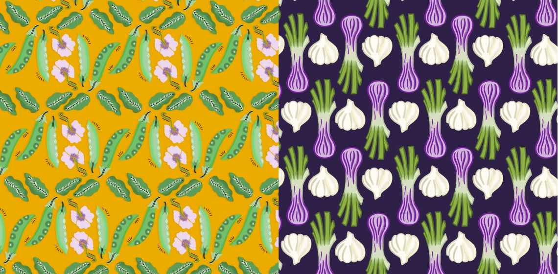 L pattern: green snap peas with purple snap pea flowers alternate in rows with green leaves with black and white detailing on a yellow background R pattern: alternating purple scallions and garlic in rows on a dark purple background